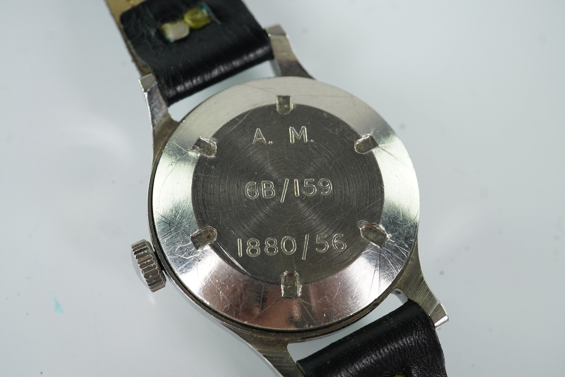 A gentleman's stainless steel Omega R.A.F. 6B/159 Pilots/Navigators manual wind wrist watch, issued in 1956